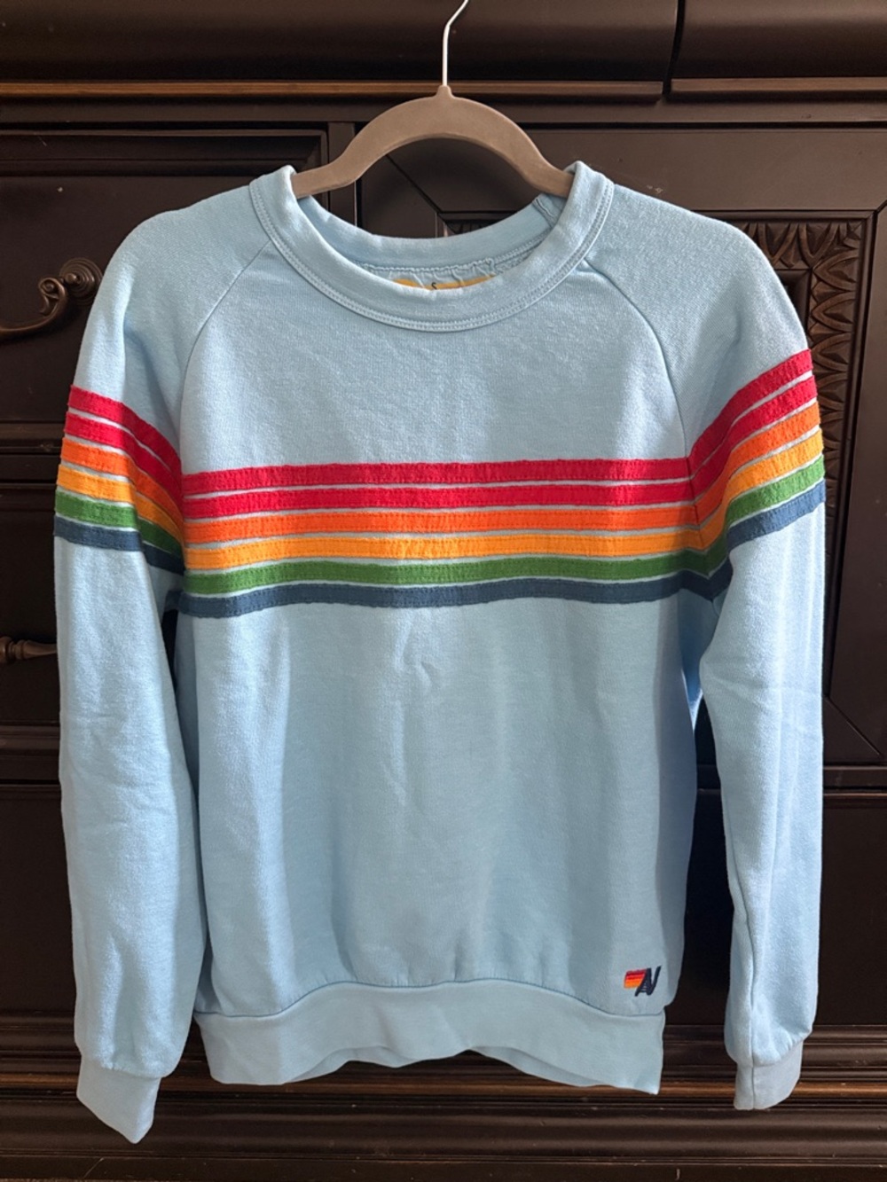 Aviator Nation Light Blue Sweatshirt with Rainbow Stripes EUC - Picture 2 of 6